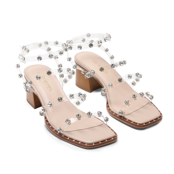 Clear Rhinestone Strappy Chunky Heels - CLEAR RHINESTONE - 3
